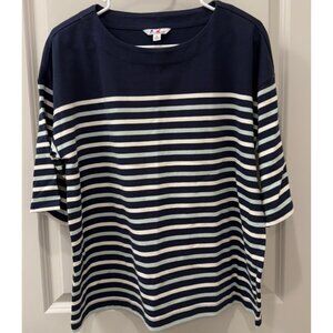 LL Bean Navy White Striped Top 3/4 Sleeve Boatneck Medium Nautical Mariner